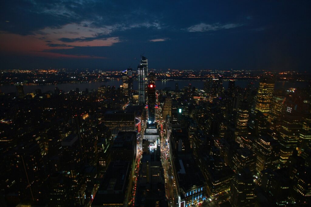 New York skyscrapers at sunset overhead view